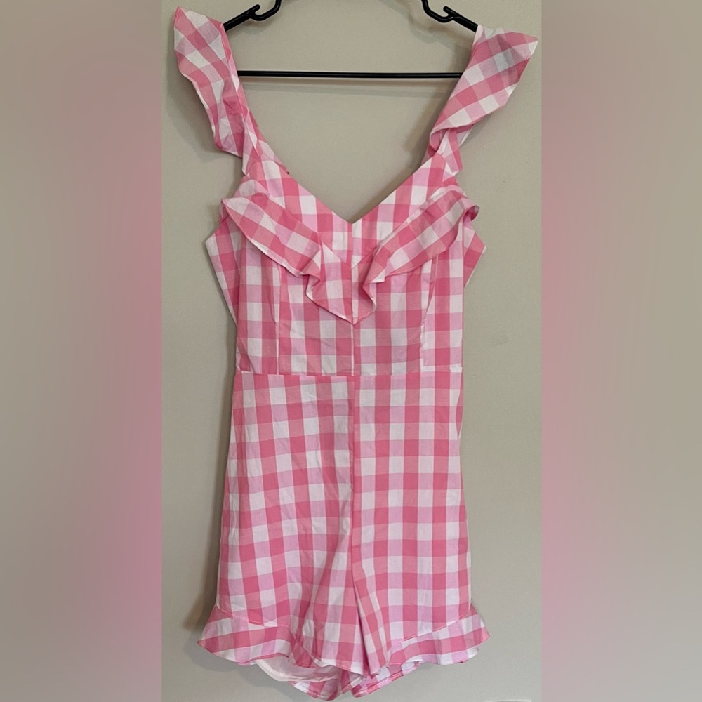 Aura Pink and White Gingham Ruffled Romper
